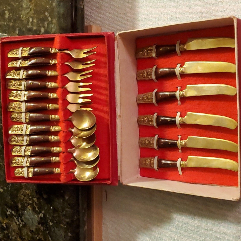 Vintage Saim Brass & Wood Thailand Boxed Flatware Set